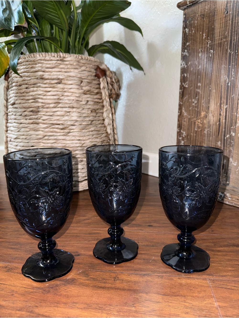 3 Princess House Fantasia Sapphire Blue Iced Tea Water Goblets Glasses, 7”